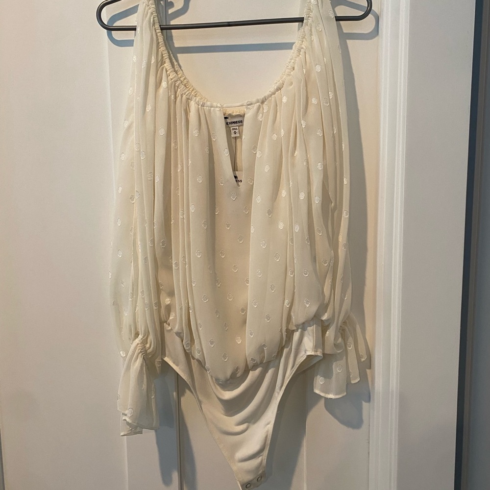 Express Ivory Sheer Bodysuit with Dotted Pattern. Size M